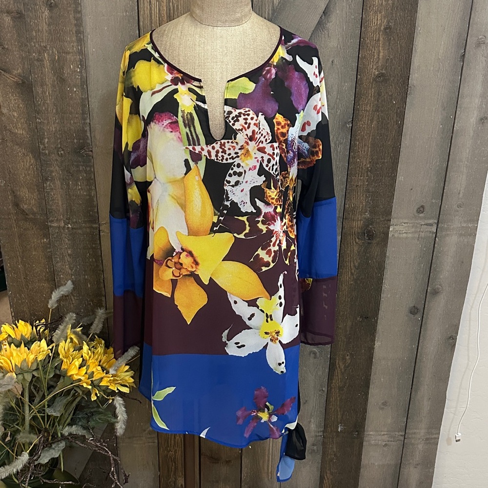 Clover Canyon Swim Floral Colorblock Tunic Cover Up Orchid Print Tie Hem Medium